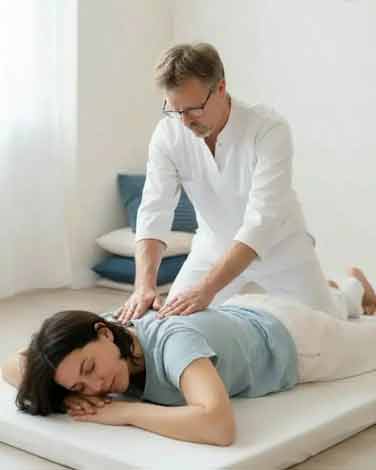Praticien en tenue blanche effectuant un shiatsu sur une personne allongée