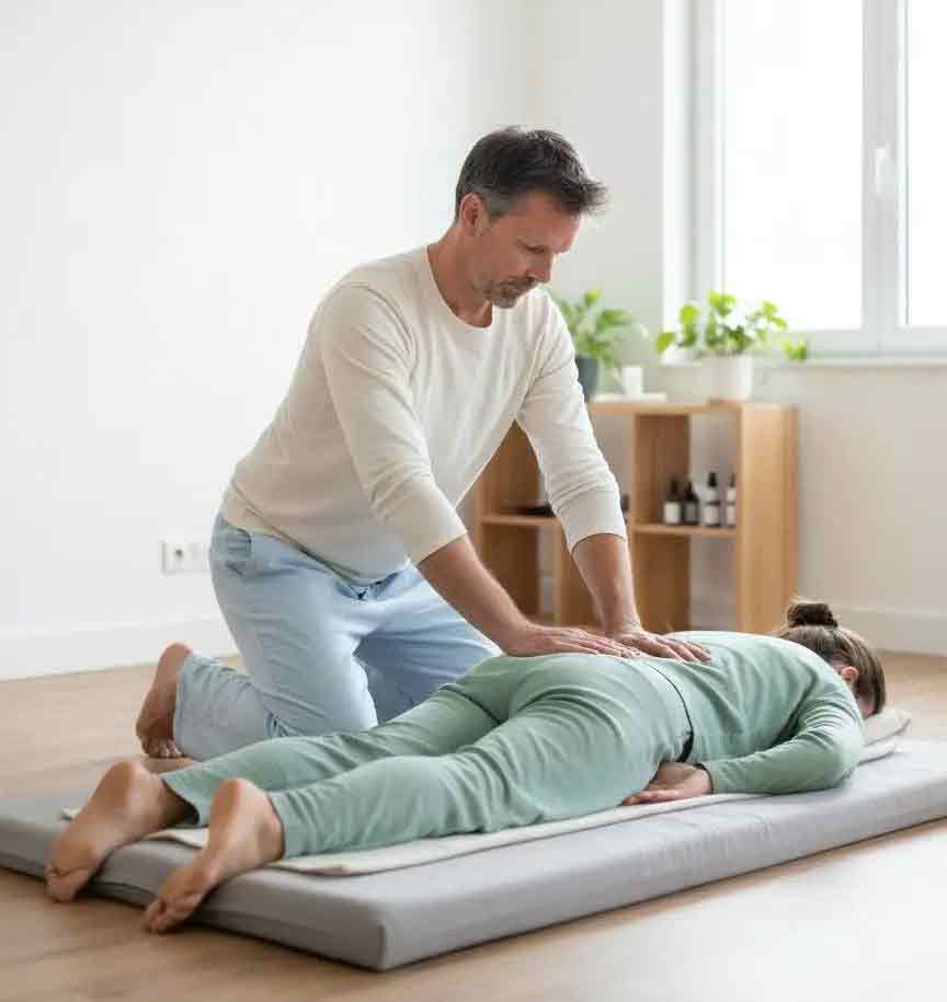 Erwan Legrand pratiquant un shiatsu sur une personne allongée sur futon